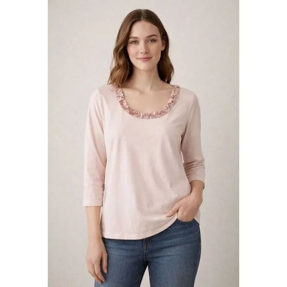 Talbots Tops - Talbots Pink Pima Cotton Embellished Neck Top Medium